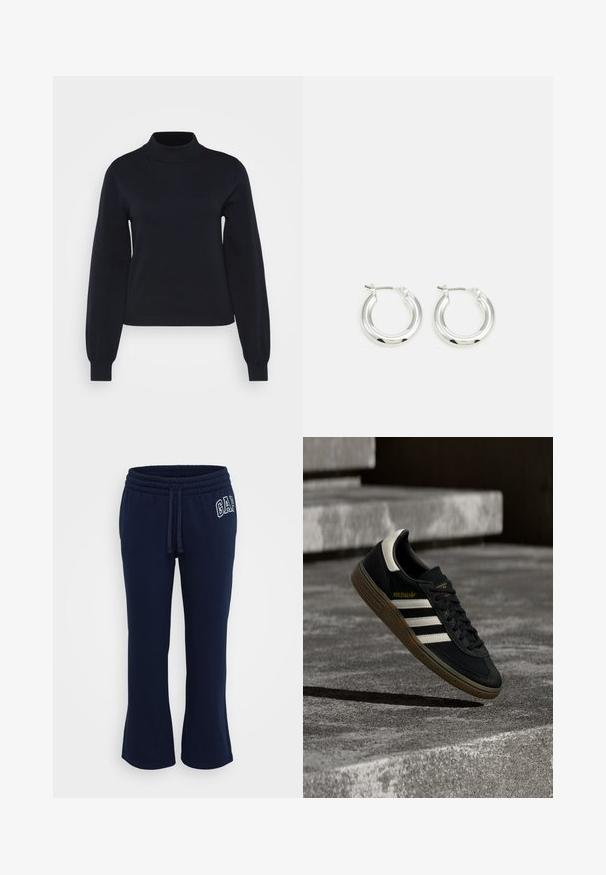 Mustmust T-särk pehmest ja venivast kootud kangast. Omab pikki varukaid ning istuvat disaini, millel on soonikdetailid kaeluses ja mansettides.; GAP Petite HERITAGE - Dresside alumine osa - navy; Must Adidas toss, valgete triipude ja kummist Tallaga, hõljumas halli betoonastmete kohal loomulikus valguses.; Hõbedased rõngaskõrvarõngad poleeritud viimistlusega, ringikujulise kujuga ja hingedega kinnitusega. Sile tekstuur minimaalsete detailidega.
