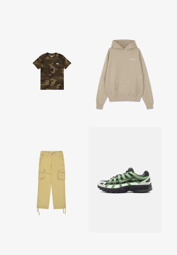 Beige hættetrøje lavet af bomuld, med en frontlomme, ribbede manchetter og et lille hvidt logo på brystet.; Camo t-shirt i olivengrøn, brun og sort, korte ærmer, rund halsudskæring, med et lille hvidt logo på brystet. Blødt bomuldsstof.; Beige cargobukser med to forlommelommer med klap, bæltestropper, knaplukning og snore i benenderne.; Sort-hvid løbesko med grønne detaljer, mesh-overdel og tyk sort sål set fra siden på hvid baggrund.