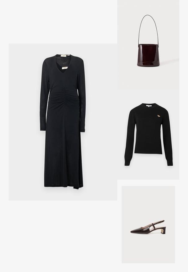 Pull noir à manches longues avec col rond, orné d'un petit emblème de renard orange brodé sur le côté gauche de la poitrine.; Robe noire à manches longues avec un décolleté en V, présentant des fronces à la taille et une silhouette évasée en ligne A. Texture de tissu doux.; Escarpin slingback marron à bout pointu avec talon bloc bas, motif crocodile, découpe latérale et bride à boucle réglable, présenté sur fond blanc.; Sac seau brun foncé brillant avec une longue sangle fine et des coutures visibles minimales sur un fond clair.