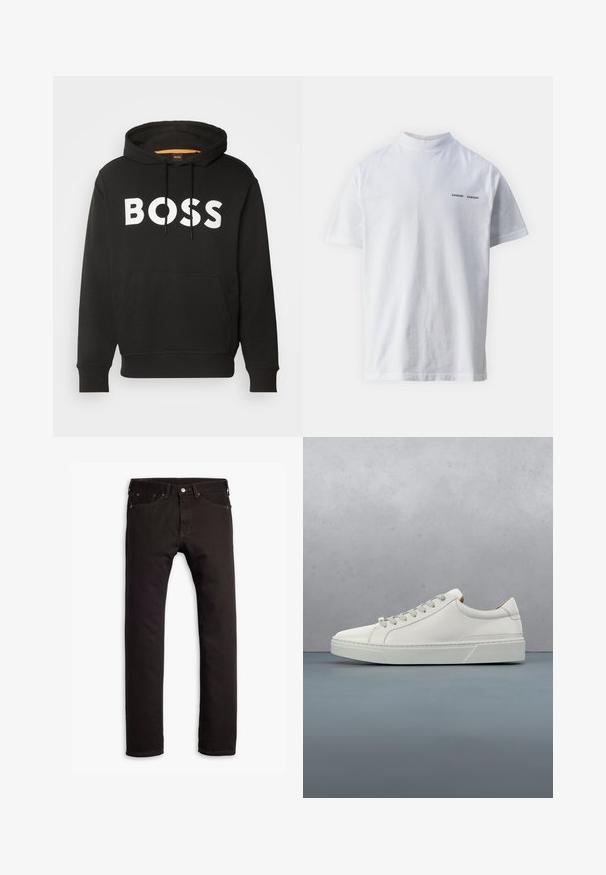 Sweat à capuche noir avec poche avant et texte blanc en gras BOSS sur la poitrine, à capuche avec cordon de serrage et poignets et ourlets côtelés.; T-shirt en coton blanc avec un col haut et des manches courtes. Présente le logo "SAMSØE SAMSØE" en noir sur le devant. Texture lisse.; Jean slim noir avec cinq poches et fermeture à bouton, présenté à plat sur un fond blanc.; Baskets en cuir blanc avec un bout arrondi, design minimaliste, lacets gris et semelle en caoutchouc gris texturé. Détails de couture subtils visibles.