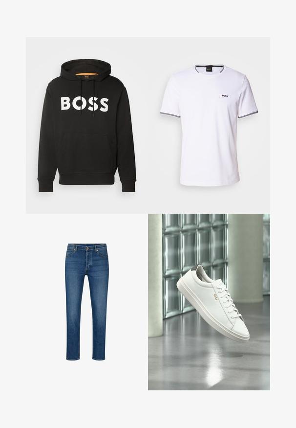 Zwarte hoodie met voorzak en witte, dikke BOSS-tekst over de borst, met een capuchon met trekkoord en geribbelde boorden aan mouwen en zoom.; Witte katoenen t-shirt met korte mouwen, voorzien van een ronde halslijn en zwarte strepen op de kraag en mouwranden. Klein "BOSS" logo op de borst.; Blauwe denim jeans met een rechte pasvorm, voorzien van vijf zakken, riemlussen en een knoopsluiting. Lichte wassing en contrasterende stiksels.; Witte leren lage sneaker met veters, zwarte hielstrook en "BOSS"-logo, zwevend binnenshuis bij een glazen stenen muur en gepolijste vloer.