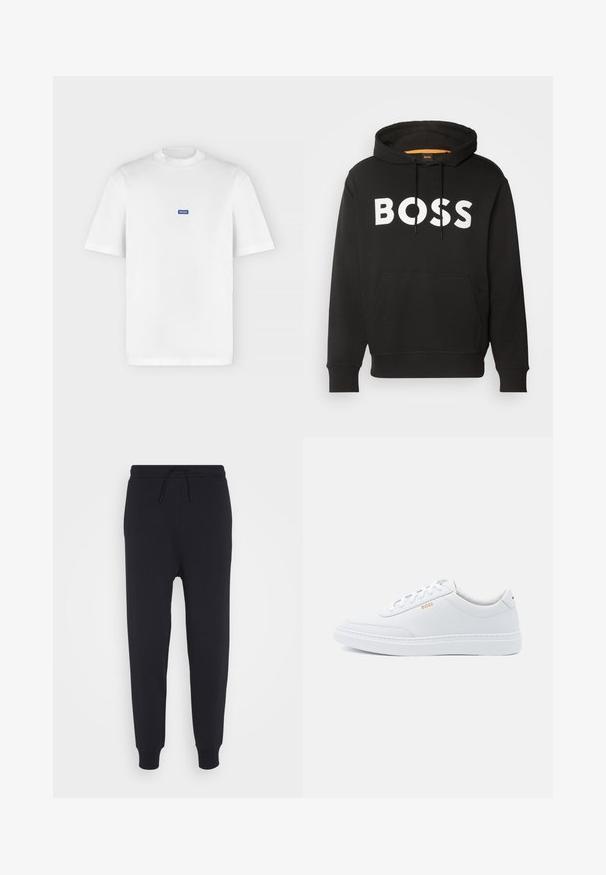 Sweat à capuche noir avec poche avant et texte blanc en gras BOSS sur la poitrine, à capuche avec cordon de serrage et poignets et ourlets côtelés.; T-shirt blanc à manches courtes et col rond avec un petit logo rectangulaire bleu "HUGO" centré sur la poitrine.; Pantalons de jogging bleu marine en mélange de coton doux, avec une taille élastique munie d'un cordon de serrage et des poignets côtelés aux chevilles.; Baskets blanches en cuir avec une texture lisse, bout rond et coutures tonales. Possède des lacets bleus et un logo doré sur le côté.