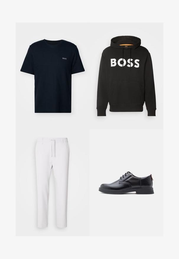 Zwarte hoodie met voorzak en witte, dikke BOSS-tekst over de borst, met een capuchon met trekkoord en geribbelde boorden aan mouwen en zoom.; Donkerblauwe katoenen T-shirt met een geribbelde textuur, korte mouwen en een klein wit "BOSS" logo op de linkerkant van de borst. Eenvoudig ontwerp met ronde hals.; Witte taps toelopende broek met een elastische tailleband, trekkoordsluiting, een gladde textuur en zonder zichtbare patronen of accenten.; Zwarte leren veter schoenen met een gladde textuur, ronde neus en subtiel stiksel detail. Voorzien van een rode trekband op de hiel.