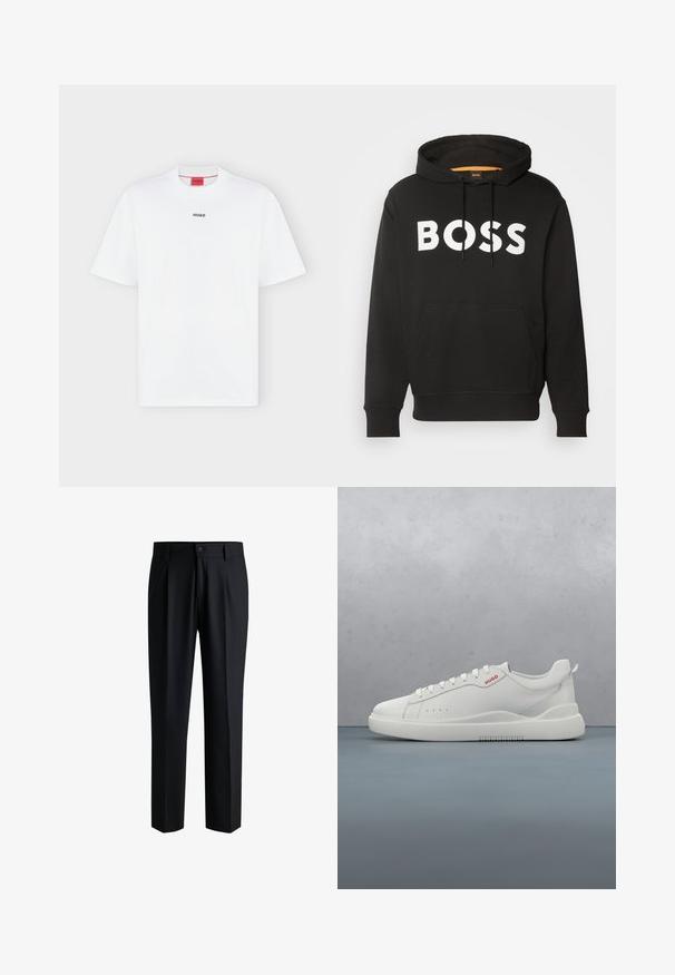 Schwarzer Hoodie mit Fronttasche und weißem, kräftigem BOSS-Schriftzug über der Brust, mit Kordelzug-Kapuze und gerippten Bündchen und Saum.; Weißes T-Shirt mit kurzen Ärmeln und kleinem schwarzem "HUGO" Logo mittig auf der Brust und einem roten Etikett innen im Kragen.; Schwarze Hose aus glattem Stoff, mit geradem Bein-Design, Falten vorne und einem Knopfverschluss mit Gürtelschlaufen.; Weiße Sneaker aus glattem Leder, runde Spitze, vier Ösen, dezente Perforationen und ein rotes Logodetail an der Seite.