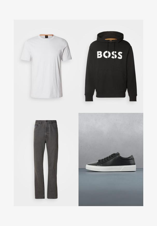 Sweat à capuche noir avec poche avant et texte blanc en gras BOSS sur la poitrine, à capuche avec cordon de serrage et poignets et ourlets côtelés.; T-shirt blanc à manches courtes en coton doux, avec un col rond et un subtil détail de logo assorti en blanc sur le devant.; Jeans en denim gris avec une coupe droite, dotés de poches avant, d'une fermeture à bouton et d'une texture subtile.; Baskets en cuir noir avec un bout rond, surface texturée, semelle en caoutchouc blanc et lacets noirs. Design minimaliste avec un profil épuré.