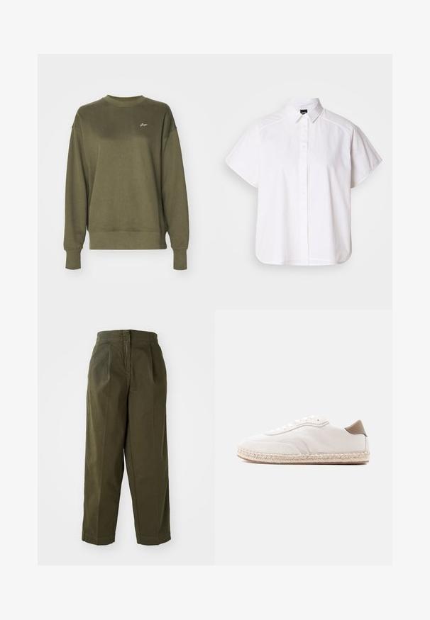 Olivgrüner sweatshirt aus weichem Material mit gerippten Bündchen und Rundhalsausschnitt. Verfügt über dezente Nähte auf der Vorderseite.; Weißes kurzärmliges Hemd mit Knopfleiste, spitzem Kragen und abgerundetem Saum. Hergestellt aus Baumwolle mit glatter Textur und ohne sichtbare Muster.; Olivgrüne, weit geschnittene Hosen mit hoher Taille, die vordere Falten und umgeschlagene Säume aufweisen. Hergestellt aus leichtem Stoff mit glatter Textur.; Weißer Sneaker mit Obermaterial aus Wildleder, beigen Akzenten und einer Sohlenpartie aus gewebtem Jute. Ausgestattet mit flachen Schnürsenkeln und einem seitlichen Logo mit Markenaufdruck.