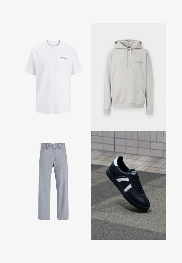 Lichtgrijze hoodie gemaakt van zachte stof, met een buidelzak, een capuchon met trekkoord en een subtiele "ALLSAINTS" logo op de borst.; Witte katoenen t-shirt met een ronde hals, voorzien van een klein blauw gedrukt logo op de borst met de tekst "PADEL CLUB Barcelona." Korte mouwen.; Lichtblauwe denim jeans met een relaxed fit, rechte pijpen, zichtbare stiksels, twee voorzakken en een knoopsluiting.; Zwarte leren sneaker met witte strepen, een gestructureerde rubberen zool en vetersluiting aan de voorkant. Voorzien van een merklabel op de tong.