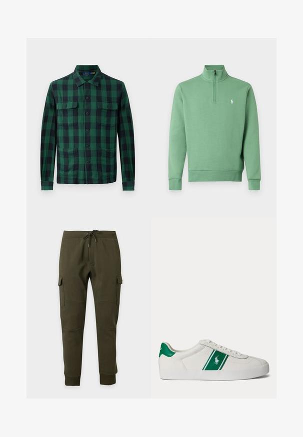 Groene trui met lange mouwen en een kwartritssluiting, een opstaande kraag en een klein wit geborduurd logo op de linkerborst.; Groene en zwarte geruite overhemd, gemaakt van stof met een knoopsluiting aan de voorkant, twee borstzakken en lange mouwen met knoopmanchetten.; Donkergroene cargojoggingbroek met trekkoord in de taille, zijzakken met klep, geribde enkelboorden en kniezaaddetails op een effen achtergrond.; Witte lage sneaker met groene streep en Polo-logo aan de zijkant, groene hieltab en witte veters, vanaf de linkerkant getoond op een effen achtergrond.