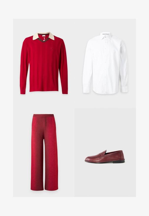 Pull rouge à manches longues avec de fines rayures verticales, un col blanc texturé et une bordure marron en V.; Chemise blanche à manches longues avec boutons et col pointu, présentée sur un fond gris clair uni.; Pantalons larges rouges en tissu texturé avec une taille haute. Comprend des poches latérales et une finition lisse, mettant en valeur un effet dégradé.; Mocassins en cuir bordeaux à la texture lisse, profil bas et détails cousus sur le dessus. Semelle plate noire. Design épuré.