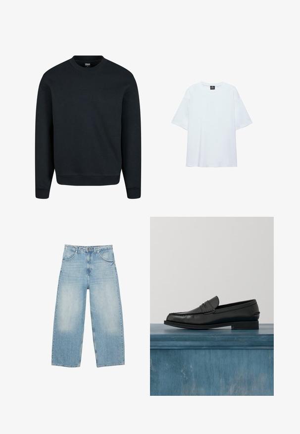 Sweatshirt noir en mélange de coton, avec un col rond, des manches longues et des poignets et ourlet côtelés. Texture lisse, sans motifs ni accents.; T-shirt blanc uni oversize à manches courtes avec col rond et étiquette noire à l'intérieur du col sur fond blanc.; Jean en denim bleu clair à jambes larges avec poches avant, passants pour ceinture, et fermeture par bouton et zip, présenté à plat sur un fond blanc.; Mocassins noirs en cuir avec un design élégant, comportant un bout cousu et une finition lisse. La chaussure possède un talon bas et un minimum de détails.