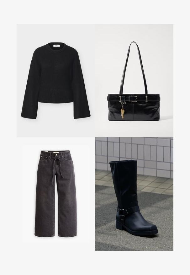 Zwarte gebreide trui met lange mouwen en brede mouwen, geribbelde zoom en hals, weergegeven op een witte achtergrond.; Zwarte wijde denim jeans met een trekkoord in de taille, vijf zakken en contrasterende stiksels. Platte voorkant.; Zwarte leren kuitlaars met een lage blokhak en een decoratieve riem met metalen gesp rond de enkel, op een betegeld trottoir.; Osoi SHOULDER BROCLE - Handtas - stone black