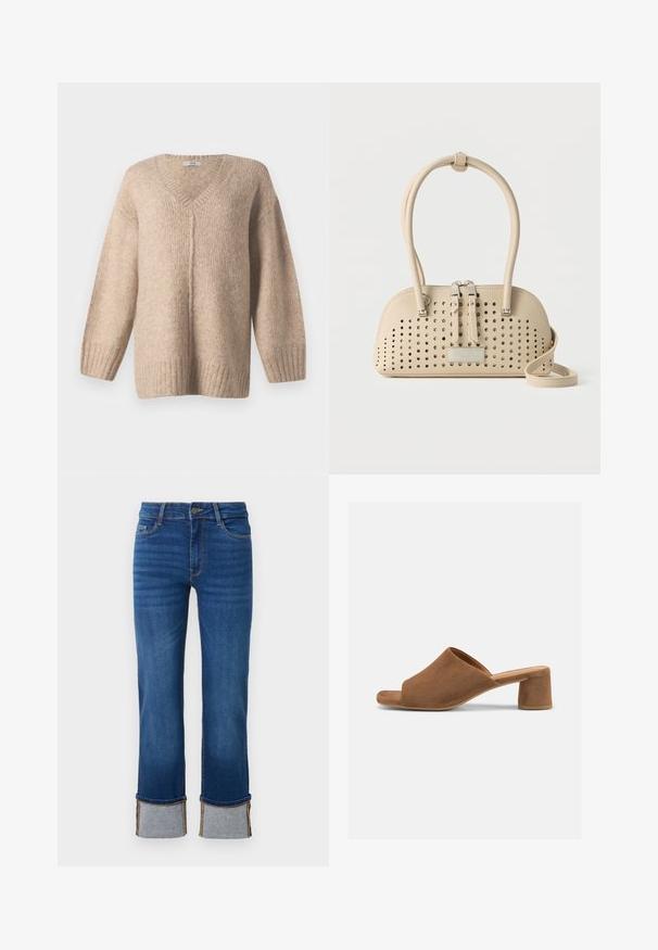 Beige strikket sweater med V-hals, dropped skuldre og ribbet kant. Blød tekstur, afslappet pasform og diskret spottet mønster hele vejen igennem.; Blå denimjeans med lige ben, der har opkrøllede manchetter i lys grå. Mellemhøj talje og traditionelt fem-lomme design.; Brun ruskinds sandal med åbne tæer, bred rem og lav blokhælk på en ensfarvet lys baggrund.; Beige læderhåndtaske med perforerede huller, to lynlåstræk, dobbelte håndtag og en lang rem, placeret mod en ensfarvet baggrund.