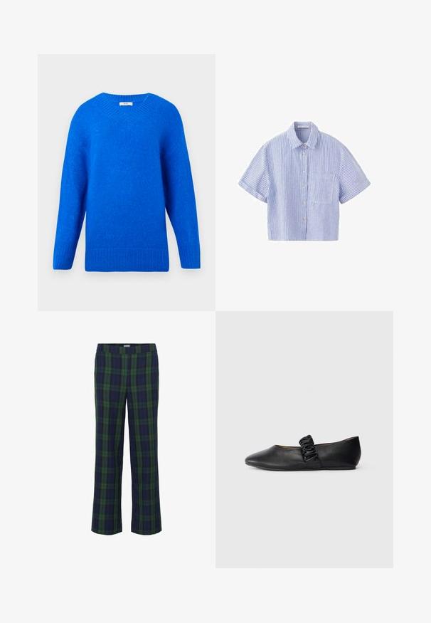 Lys blå strikket sweater med lange ærmer samt en ribbet rund halsudskæring, manchetter og kant, præsenteret på en hvid baggrund.; Blå og hvide lodrette stribede kortærmede skjorte med krave og en enkelt brystlomme på hvid baggrund.; Grønne og marineblå ternede bukser med lige ben-design og elastisk talje. Stoffet har en blød tekstur og prydes af et klassisk ternet mønster.; Sort flad sko med en rynket elastisk rem over toppen og en rund tå på en ensfarvet hvid baggrund.