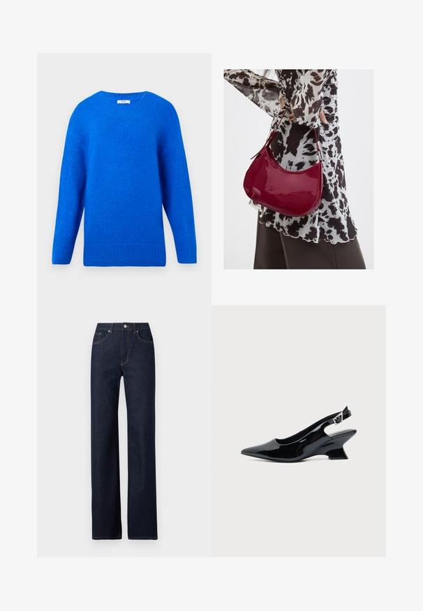 Heldere blauwe gebreide trui met lange mouwen en een geribde ronde hals, manchetten en zoom, weergegeven op een witte achtergrond.; Donkerblauwe denim jeans met een rechte pijp, klassieke vijf-pocketstijl, zichtbare stiksels en een knoopsluiting aan de voorkant.; Zwarte lakleren slingback schoen met spitse neus en lage schuine blokhak op een effen lichte achtergrond.; Vrouw met een zwart-wit gebloemde blouse houdt een glanzende rode schoudertas vast tegen een effen achtergrond.