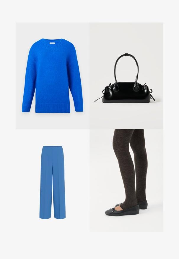Heldere blauwe gebreide trui met lange mouwen en een geribde ronde hals, manchetten en zoom, weergegeven op een witte achtergrond.; Blauwe wijde broek van soepel materiaal, met een voorplooien en een platte tailleband zonder zichtbare sluitingen.; Benen met donkere geribbelde leggings gecombineerd met zwarte ballerina's met kleine strikdetails op een witte achtergrond.; Kleine zwarte glanzende handtas met twee lange hengsels en zijkant trekkoord details op een effen lichte achtergrond.