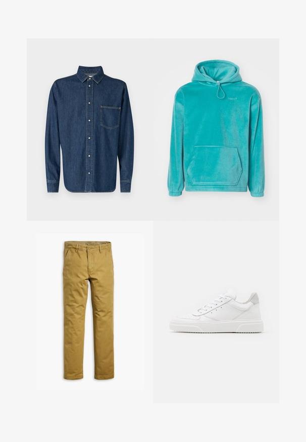 Turkis hætte sweatshirt med en blød tekstur, frontlomme til hænderne og elastiske manchetter. Har en snor i halsen.; Mørkeblå denimskjorte med lange ærmer, knaplukning foran og en enkelt brystlomme. Har en klassisk krave og lige kant.; Kaki chinos i robust bomuld med en lige ben-design. Har en frontlynlås, bæltesløjfer og sidelommer. Glat tekstur overalt.; Hvide lædersneakers med en glat finish, rund tå, flade snørebånd og en struktureret sål. Grå ruskindsdetalje ved hælen.