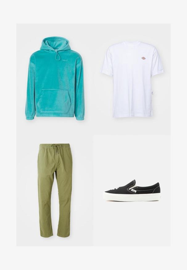 Turkis hætte sweatshirt med en blød tekstur, frontlomme til hænderne og elastiske manchetter. Har en snor i halsen.; Hvid bomulds t-shirt med v-hals og korte ærmer. Har et lille farverigt broderet logo på venstre bryst. Blød tekstur.; Olivenfarvede afslappede bukser med elastisk talje og snoretræk. Fremstillet af blødt stof med en glat overflade og lige ben.; Sort Vans slip-on sneaker med hvid gummisål, hvid syning og elastiske sidestropper, set fra ydersiden.