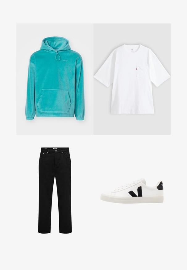 Sweatshirt à capuche turquoise en texture douce, avec une poche kangourou à l'avant et des poignets élastiques. Dispose d'un cordon de serrage au niveau du col.; T-shirt en coton blanc à manches courtes, col rond et poche poitrine gauche. Comprend une petite étiquette logo rouge sur la poche.; Jeans noirs à jambes droites avec poches avant, passants pour ceinture, fermeture par bouton et détails de coutures visibles.; Sneaker blanche en cuir avec des accents en daim noir ; dispose d'une semelle en caoutchouc, d'un bout rond et d'un design classique à lacets. Logo latéral en noir.