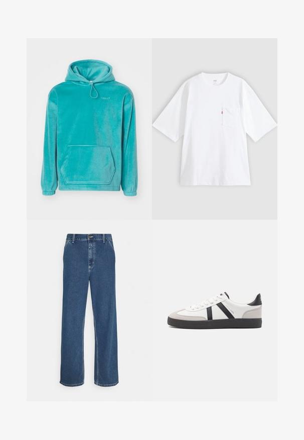 Türkiser Kapuzenpullover mit einem plüschigen Material, frontaler Kängurutasche und elastischen Bündchen. Mit Kordelzug am Ausschnitt.; Weißes Baumwoll-T-Shirt mit kurzen Ärmeln, rundem Ausschnitt und Brusttasche auf der linken Seite. Mit kleinem rotem Logotag an der Tasche.; Blaue Jeans aus Denim mit geradem Schnitt, fünf Taschen, Metallknopfverschluss und sichtbarer Naht entlang der Nähte und des Saums.; Weiße Sneaker mit schwarz- und grau-aczenten, ausgestattet mit einer strukturierten grauen Zehenkappe, schwarzer Gummi-Sohle und flachen weißen Schnürsenkeln. Sauberes Design, minimalistische Stil.