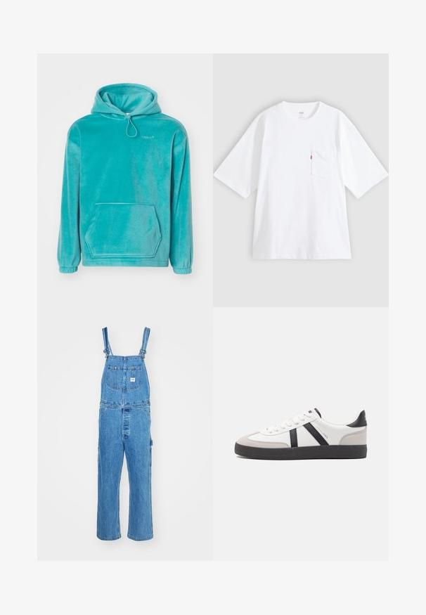 Türkiser Kapuzenpullover mit einem plüschigen Material, frontaler Kängurutasche und elastischen Bündchen. Mit Kordelzug am Ausschnitt.; Weißes Baumwoll-T-Shirt mit kurzen Ärmeln, rundem Ausschnitt und Brusttasche auf der linken Seite. Mit kleinem rotem Logotag an der Tasche.; Denim-Overalls mit verstellbaren Trägern, weitem Bein und einer Vordertasche mit Etikett. Hellblaue Farbe mit strukturierter Oberfläche.; Weiße Sneaker mit schwarz- und grau-aczenten, ausgestattet mit einer strukturierten grauen Zehenkappe, schwarzer Gummi-Sohle und flachen weißen Schnürsenkeln. Sauberes Design, minimalistische Stil.