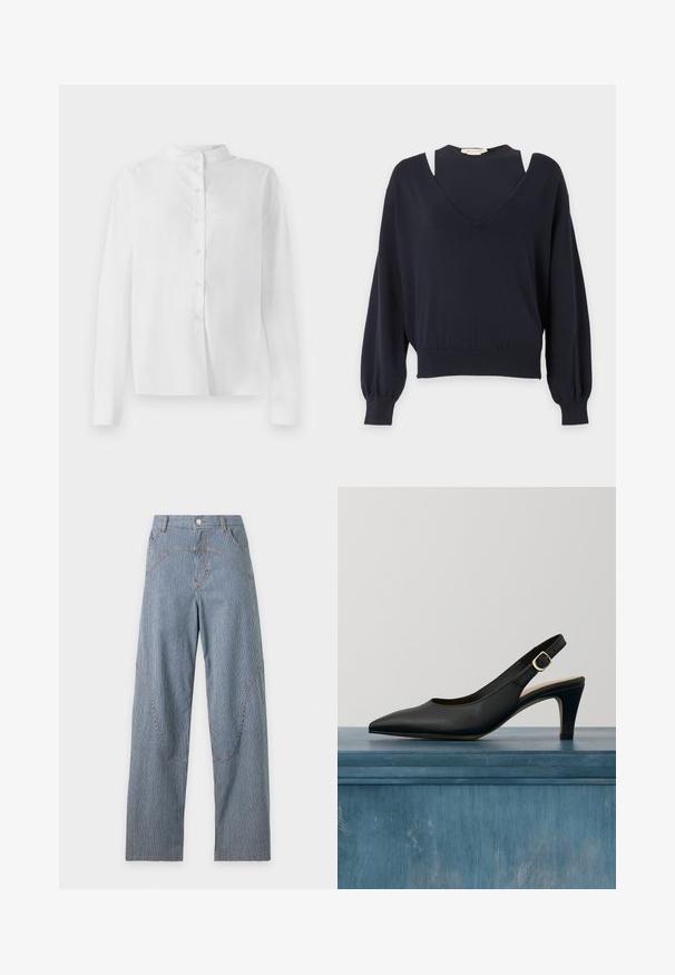 Jersey negro de manga larga con escote en V profundo y una capa interior negra sólida visible en el escote y los hombros.; Camisa blanca de manga larga con cuello mao y botonera oculta, presentada sobre fondo blanco.; Pantalones azul y blanco de rayas finas con cintura alta, piernas anchas, bolsillos delanteros, trabillas para cinturón, cierre de botón y detalles de costuras curvas.; Zapato de tacón alto tipo slingback de cuero negro con hebilla dorada flotando sobre un suelo de hormigón pulido y un fondo de vidrio estriado vertical.