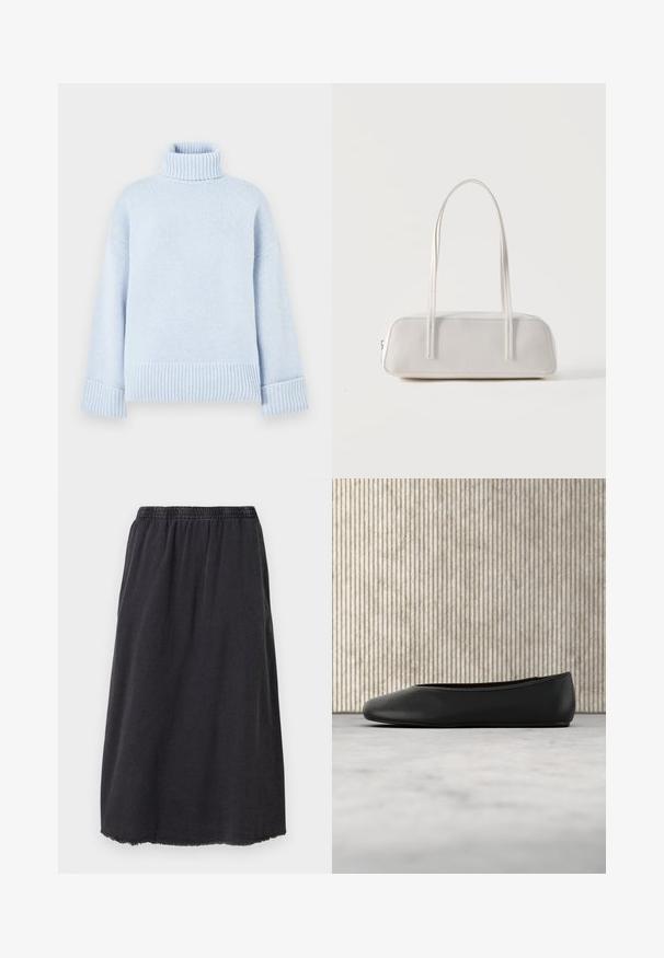 Pull à col roulé bleu clair en matière tricotée douce. Présente des détails côtelés au col et aux poignets, avec une coupe décontractée.; Jupe en coton noir avec une taille élastique, longueur genou, avec un ourlet effiloché et une silhouette droite simple.; Ballerine en cuir noir avec un bout arrondi, texture lisse et un accent logo doré sur le côté. Placée au-dessus d'une surface réfléchissante.; Sac d'épaule rectangulaire blanc avec des bretelles longues et fines, couture minimale, et fermeture éclair sur un fond uni.
