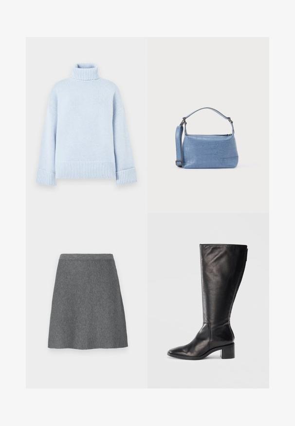 Pull à col roulé bleu clair en matière tricotée douce. Présente des détails côtelés au col et aux poignets, avec une coupe décontractée.; Jupe en laine grise avec une taille ajustée, forme évasée et texture lisse. Pas de poches ni de détails métalliques visibles.; Botte noire en cuir montante, avec un bout carré, un talon large et un design épuré. Texture lisse avec une fermeture éclair sur le côté pour un enfilage facile.; Sac à main bleu clair embossé façon crocodile avec une poignée courte et une bandoulière amovible. Texture lisse avec une fermeture éclair.