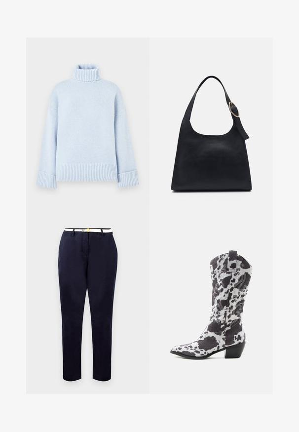 Lichtblauwe coltrui gemaakt van zachte gebreide stof. Heeft geribbelde details bij de kraag en manchetten, met een ontspannen pasvorm.; Marineblauwe chinos met een slim fit, van katoen, en een witte riem met een goudkleurige gesp. Gladde textuur, rechte pijpen, minimalistisch design.; Cowboylaars halfhoog met koeienprint, spitse neus, blokhak, decoratieve witte stiksels en uittreklus op een lichte achtergrond.; Zwarte leren tote bag met een gladde textuur, ronde vorm en een enkele schouderband met een ronde gouden hardware accent.