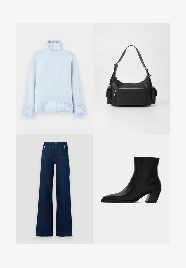 Lyseblå rullekravesweater lavet af blødt strikmateriale. Har ribstrikdetaljer ved kraven og manchetterne samt en afslappet pasform.; Mørkeblå vidde jeans med høj talje, guldknap-detaljer, to for- og baglommer samt kontrastsyede detaljer. Tekstureret denim stof.; Sortlæder ankelstøvle med spids tå, en slank silhuet og en kraftig firkantet hæl. Glat tekstur med minimale stikninger.; Sort læder skuldertaske med en rund form, lynlåslomme foran og to sidelommer. Har en enkelt justerbar skulderrem.