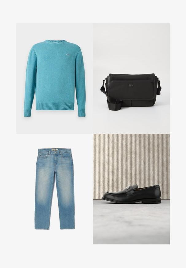 Lichtblauwe crewneck trui met lange mouwen, ribbelboorden en -hem, en een klein geborduurd logo op de linkerborst.; Lichtblauwe denim jeans met een recht gesneden ontwerp, vijf zakken en een licht vervaagde wassing. Voorzien van zilverkleurige hardware en een merklabel op de tailleband.; Zwarte leren loafer met een metalen merktekenplaatje, rustend bij een bruine ronde tafel op een beige tapijtvloer.; Zwarte schoudertas van gestructureerd nylon met een voorflap, verstelbare band en een klein logo accent. Beschikt over twee met rits sluitbare compartimenten.