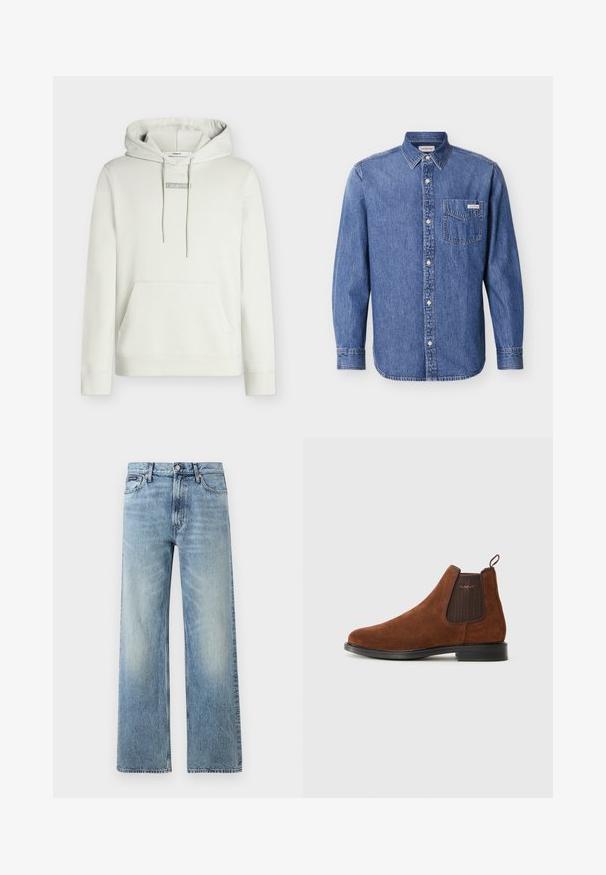 Lichtgrijze hoodie met trekkoorden, kangoeroezak en klein gecentreerd "Calvin Klein"-logo op de borst. Klassieke pasvorm.; Denim overhemd in medium blauw met lange mouwen, knoopsluiting aan de voorkant en een borstzak met een logo patch. Klassiek kraagontwerp.; Lichtblauwe denim jeans met rechte pijpen, een hoge taille, vijf zakken, knoopsluiting en subtiele vervaging op de dijen en knieën.; Bruine suède Chelsea-boot met een elastische zijpaneel, een lus aan de achterkant, een zwarte zool en een subtiel "GANT"-logo op het zijpaneel.