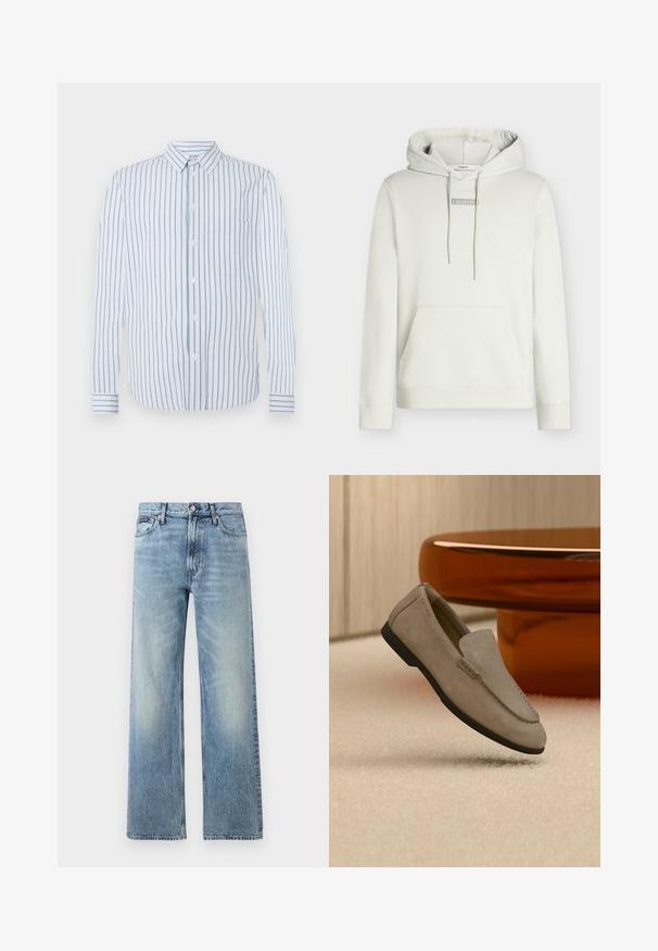 Lysegrå hættetrøje med snore, kengurulomme og lille centreret "Calvin Klein" logo på brystet. Klassisk pasform.; Stribet skjorte med lodrette lyseblå og hvide striber, knaplukning foran og en enkelt brystlomme. Lange ærmer med knapmanchetter.; Lyseblå denim jeans med lige ben, højt talje, fem lommer, knaplukning og diskrete falmede områder på lår og knæ.; Lysebrun mokkasinsko i ruskind med sort sål, hvilende på en beige tæppe foran et reflekterende brunt rundt bord mod en trævæg.