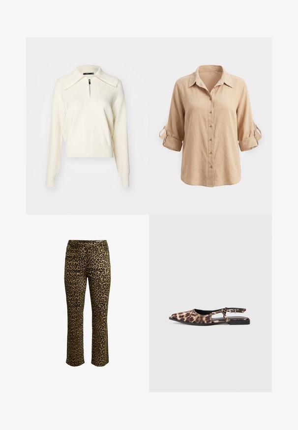 Cremefarvet strikpullover med lynlås i kraven, ribbet tekstur, lange ærmer og en afslappet cropped pasform. Udtryk inkluderer sømdetaljer.; Beige langærmet skjorte med knapper, med op-rullede ærmer, som holdes på plads med knapstropper og en klassisk krave, vist på en ensfarvet baggrund.; Leopardmønstret bukser med slim fit, knaplukning og syning i taljen samt let stræk for komfort.; Sandal med leopardprint i flad slingback-stil, spids tå, åben side og lille sort hæl. Materialet virker glat med en let glans.