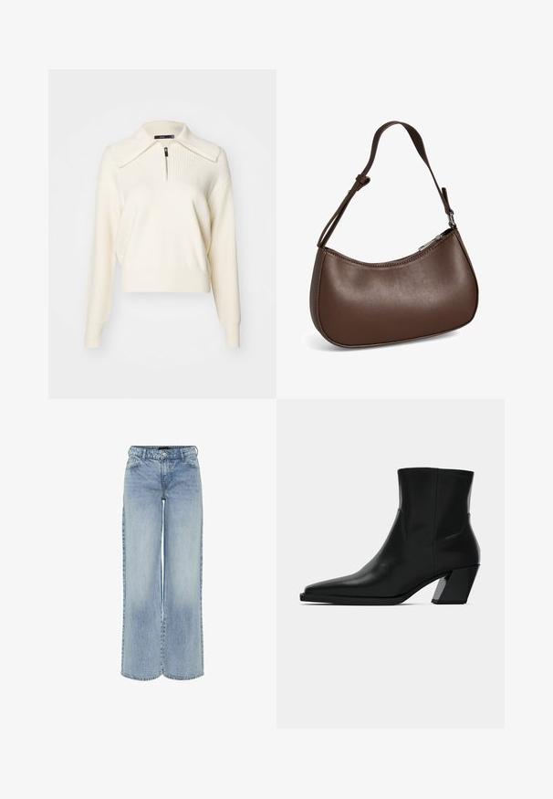 Pull en maille couleur crème avec un col montant zippé, texture côtelée, manches longues et une coupe raccourcie décontractée. Les accents incluent des détails de couture.; Jeans en denim bleu clair à jambes larges avec taille haute, cinq poches et décoloration subtile. Comprend des passants de ceinture et une fermeture éclair.; Bottine en cuir noir avec un bout pointu, une silhouette élégante et un talon carré massif. Texture lisse avec des détails de couture minimalistes.; Petit sac bandoulière en cuir marron avec sangle réglable et fermeture éclair, présenté sur fond blanc. Aucun logo ou décoration visible.
