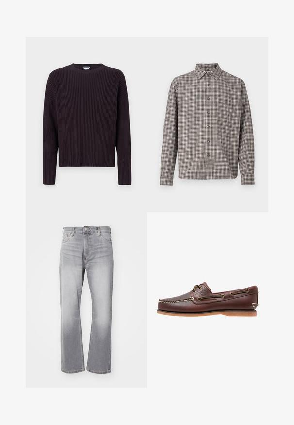 Pull en maille côtelée violette foncée avec un col rond et des manches longues, présentant une coupe ample et un tissu texturé.; Chemise à carreaux marron et crème avec col boutonné, manches longues et boutons sur le devant ; fabriquée en tissu texturé.; Jeans en denim gris avec une coupe droite, une légère décoloration et un style classique à cinq poches. Dotés d'une fermeture à bouton et à zip.; Chaussure bateau en cuir marron avec coutures blanches, détails de lacets et semelle en caoutchouc beige, vue de côté sur fond blanc.