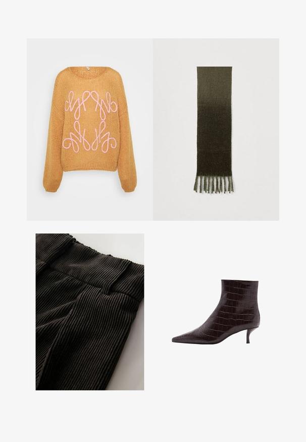 Orange strikket sweater med løs pasform, der har et pink abstrakt broderi design på forsiden og lange ærmer.; Sorte fløjl bukser med elastisk talje, synlige lodrette ribber og blødt tekstureret stof ligger fladt på en lys overflade.; Sorte krokodille-embossede læder ankelstøvler med spidse tæer og en kort, tynd hæl. Glat tekstur med et tydeligt mønster og et slankt design.; Olivengrøn tørklæde med gradientdesign, der har en blød tekstur og frynser ved kanten. Langt og rektangulært formet.