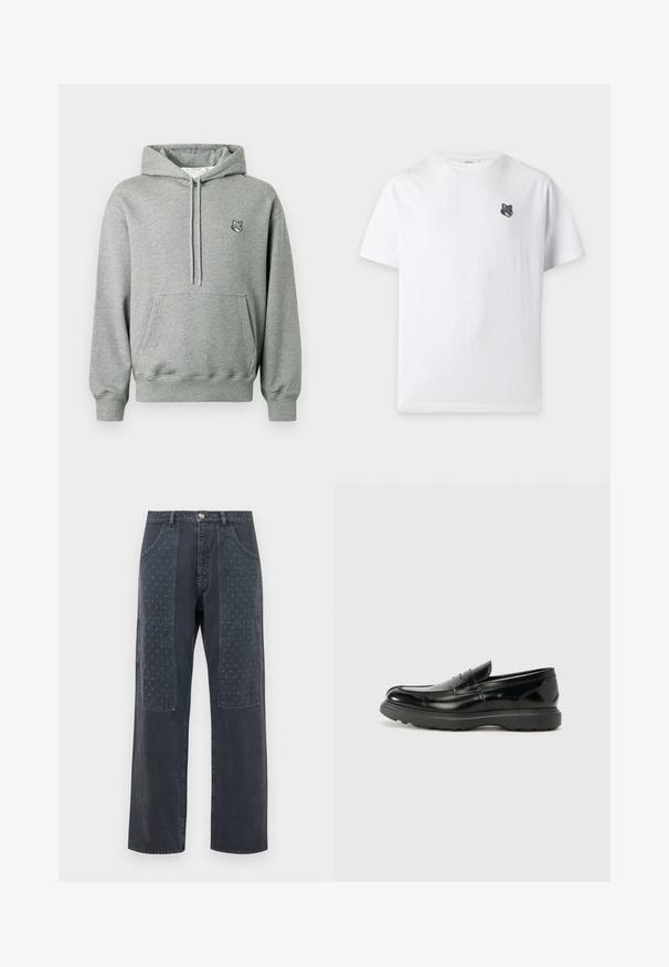 Un sweatshirt gris en tissu doux avec une poche kangourou, une capuche ajustable à cordon et un petit logo d'ours sur la poitrine.; T-shirt blanc à manches courtes avec un petit logo tête de loup noir et gris sur la poitrine gauche et un col rond.; Jean gris foncé à coupe large, avec des patchs décoratifs à l'avant présentant un motif floral discret et des détails de poches standards.; Mocassin en cuir noir avec une finition brillante, bout arrondi, détails de couture subtils et semelle en caoutchouc épaisse pour la durabilité.