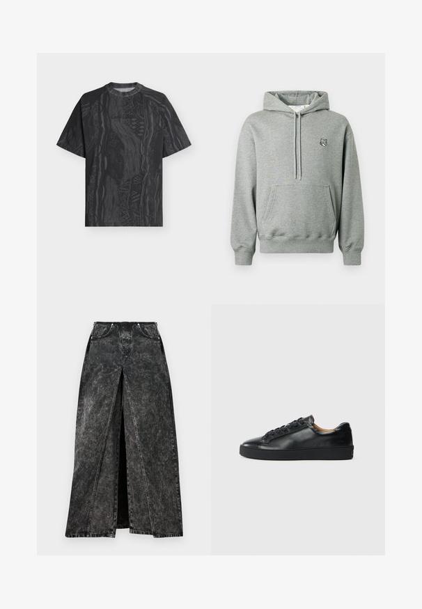 Un sweatshirt gris en tissu doux avec une poche kangourou, une capuche ajustable à cordon et un petit logo d'ours sur la poitrine.; T-shirt noir à manches courtes avec col rond, motif abstrait gris foncé subtil et tissu texturé, présenté à plat sur un fond clair.; Jupe en denim noir longue avec une finition usée. Comprend une fente avant et un design à cinq poches avec des accents en métal.; Baskets en cuir noir avec une texture lisse, bout rond et fermeture à lacets. Comprend une semelle en caoutchouc épaisse et un minimum de détails de marque.