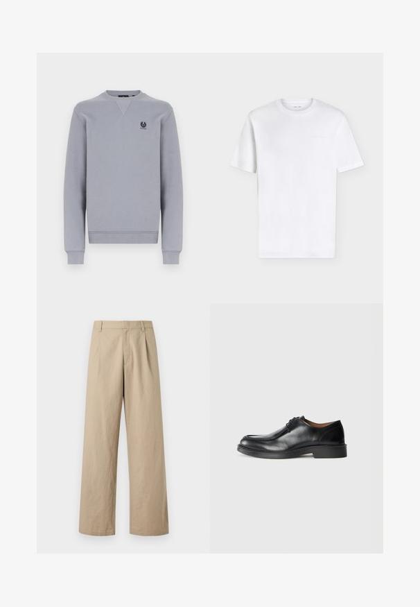 Sweat-shirt gris en tissu doux, avec un col rond, des manches longues et un petit écusson logo sur la poitrine. Poignets et ourlet côtelés.; T-shirt blanc uni à manches courtes et col rond avec un logo embossé subtil sur la partie supérieure gauche de la poitrine, présenté sur fond blanc.; Pantalon beige à jambes larges avec passants de ceinture, fermeture éclair devant, et plis, présenté sur fond blanc.; Chaussure de ville en cuir noir avec un bout arrondi, surface lisse, détails en dentelle et une semelle en caoutchouc texturée basse. Lignes épurées et design minimal.