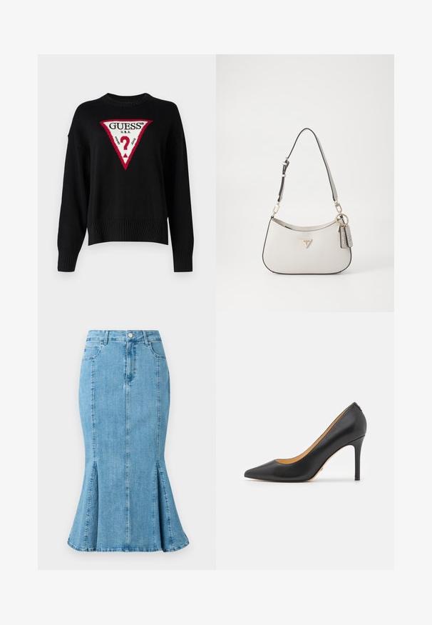 Guess Jeans BIG TRIANGLE - Striktrøje - jet black; Lyseblå denim blyantskirt med flared nederdel og slidser i siden, med en frontknaplukning og lommer. Enkel, ren design.; Sort læder spidse stiletto hæle med høj hæl, der har en glat overflade og minimalistisk design. Indersiden er foret i tan farve.; Hvid tekstureret håndtaske med en buet form, guldfarvet hardware, en aftagelig rem og et logo-akcent. Inkluderer en nøglekædetag med branding.