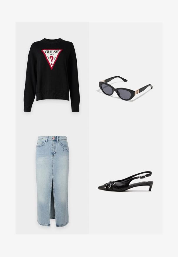 Guess Jeans BIG TRIANGLE - Jersey de punto - jet black; Fabienne Chapot CARLYNE SKIRT - Falda vaquera - light blue tinted; Zapato slingback de cuero negro con punta puntiaguda, tres hebillas plateadas en la parte delantera y tacón bajo tipo «kitten» sobre fondo blanco.; Guess Gafas de sol - shiny black