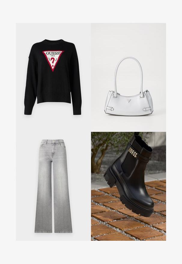 Guess Jeans BIG TRIANGLE - Trui - jet black; Grijze denim jeans met wijde pijpen en een vervaagde afwerking, voorzak en knoopsluiting. Heeft een rechte pijp en een klassieke zoom.; Zwarte leren enkelboot met een chunky rubberen zool, elastische zijpanelen en een gouden accent met "GUESS" branding.; Zilveren handtas met een gestructureerd ontwerp, voorzien van twee handvatten, een glanzende textuur, opvallende hardware en een driehoekig logo aan de voorkant.