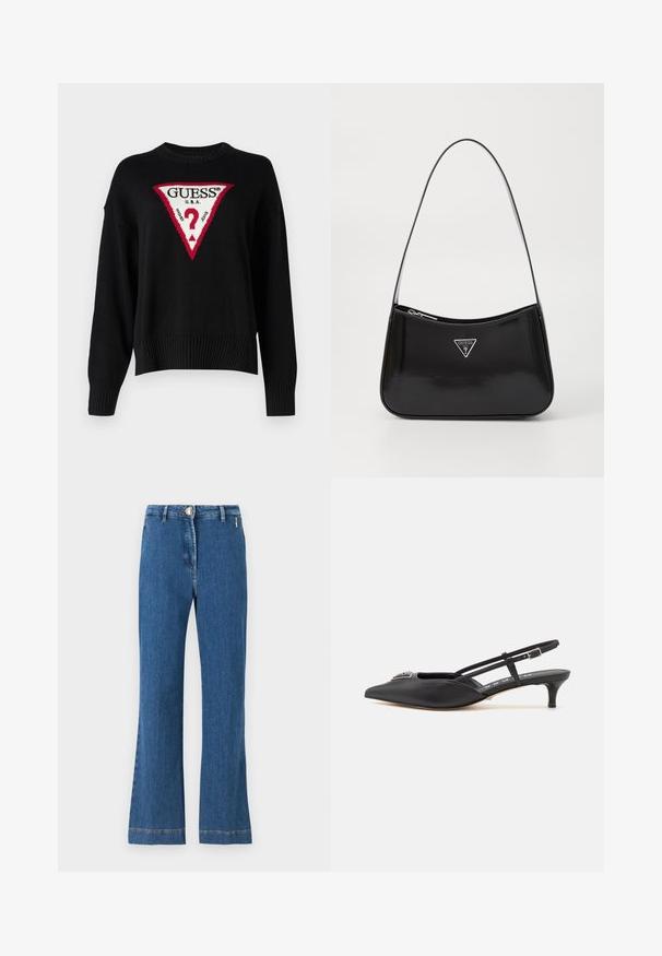 Guess Jeans BIG TRIANGLE - Striktrøje - jet black; Højtsiddende flared jeans lavet af middelblåt denim, med knaplukning, forlommer og synlig syning langs kanten.; Sorte slingback-sko med spids tå, lavet af glat materiale, med en lille hæl og en dekorativ sølvaccent på vamps.; Sort patenteret læder skuldertaske med en buet form, prydet med et sølvfarvet trekantet logo og en lynlås-lukning. Glat tekstur og slank rem.