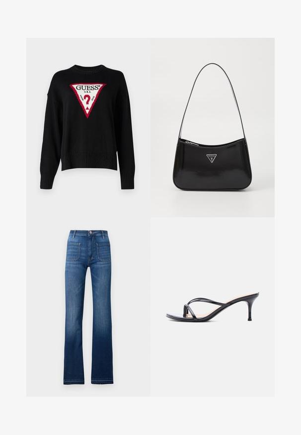 Guess Jeans BIG TRIANGLE - Trui - jet black; Blauwe denim flared jeans met een vijf-pocket ontwerp, een knoopsluiting en zichtbare stiksels langs de naden, met een licht vervaagde afwerking.; Zwarte laklederen sandaal met hakken, dunne gekruiste bandjes en een slanke, middelhoog stilettohak op een witte achtergrond.; Zwarte lakleren schoudertas met een gebogen vorm, voorzien van een zilveren driehoeklogo en een ritssluiting. Gladde textuur en slanke schouderband.