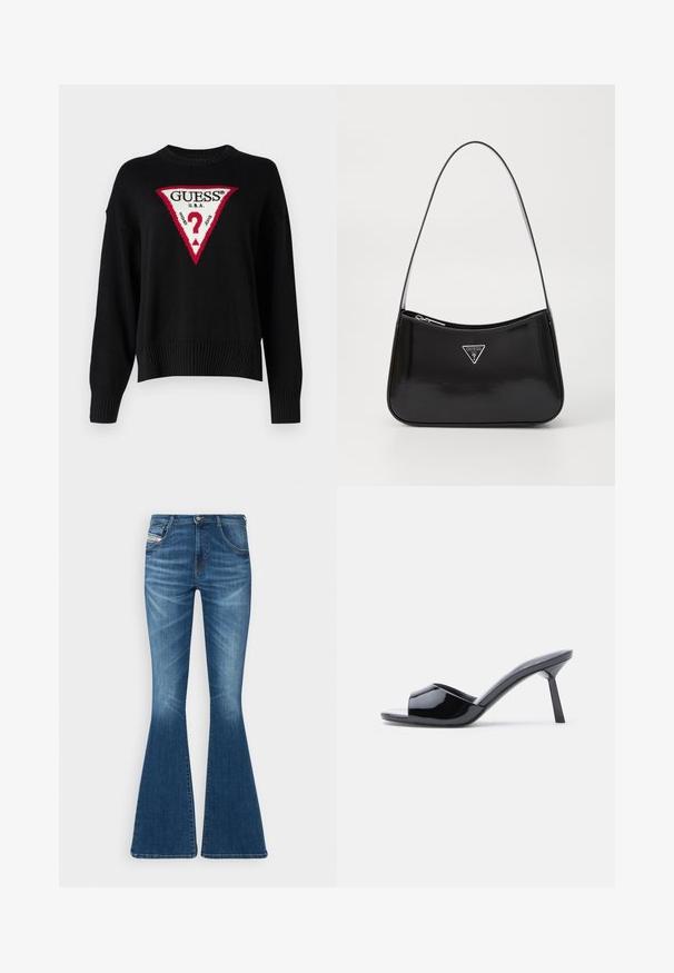 Guess Jeans BIG TRIANGLE - Striktrøje - jet black; Flared jeans i mellemblå denim med høj talje, fem-lomme design og subtile whiskering-detaljer ved lårene.; Sorte laklæder sandaletter med åben tå, der har et buet overdesign og en spids stilethæl. Glat, blank finish.; Sort patenteret læder skuldertaske med en buet form, prydet med et sølvfarvet trekantet logo og en lynlås-lukning. Glat tekstur og slank rem.