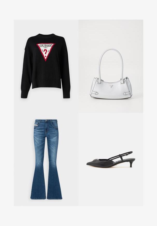 Guess Jeans BIG TRIANGLE - Striktrøje - jet black; Flared jeans i mellemblå denim med høj talje, fem-lomme design og subtile whiskering-detaljer ved lårene.; Sorte slingback-sko med spids tå, lavet af glat materiale, med en lille hæl og en dekorativ sølvaccent på vamps.; Sølv håndtaske med et struktureret design, der har to håndtag, en skinnende overflade, accenthardware og et trekantet logo på fronten.