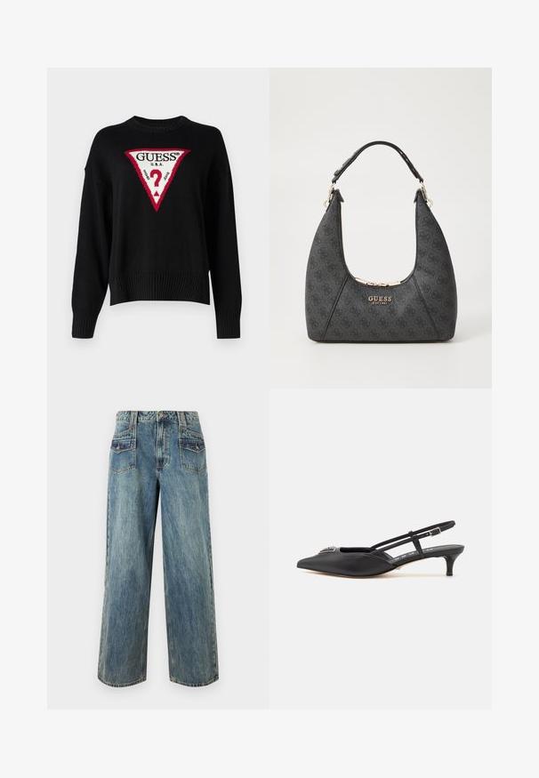 Guess Jeans BIG TRIANGLE - Pullover - jet black; Jean en denim bleu clair à jambes larges avec une taille haute, comportant cinq poches, des coutures visibles et une texture légèrement délavée.; Chaussures noires à talon slingback avec un bout pointu, en matériau lisse, dotées d'un petit talon et d'un accent décoratif en argent sur le dessus.; Sac à main noir avec un design incurvé, fabriqué à partir d'un matériau texturé. Il dispose d'un logo doré et d'une fermeture éclair, avec une sangle lisse.