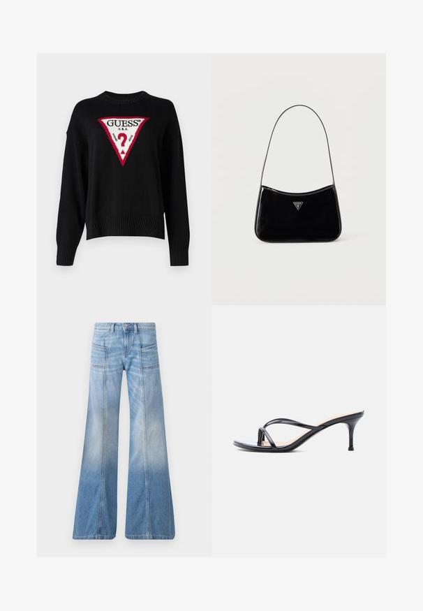 Guess Jeans BIG TRIANGLE - Jersey de punto - jet black; Vaqueros acampanados de color azul claro hechos de mezclilla. Cuentan con una cintura alta, cuatro bolsillos y un efecto de degradado desvaído hacia el dobladillo.; Sandalia de tacón de charol negro con tiras finas cruzadas y un tacón de aguja delgado de altura media, sobre un fondo blanco.; Bolso de hombro de charol negro con correa delgada, logotipo triangular de Guess en el frente y cierre superior con cremallera.