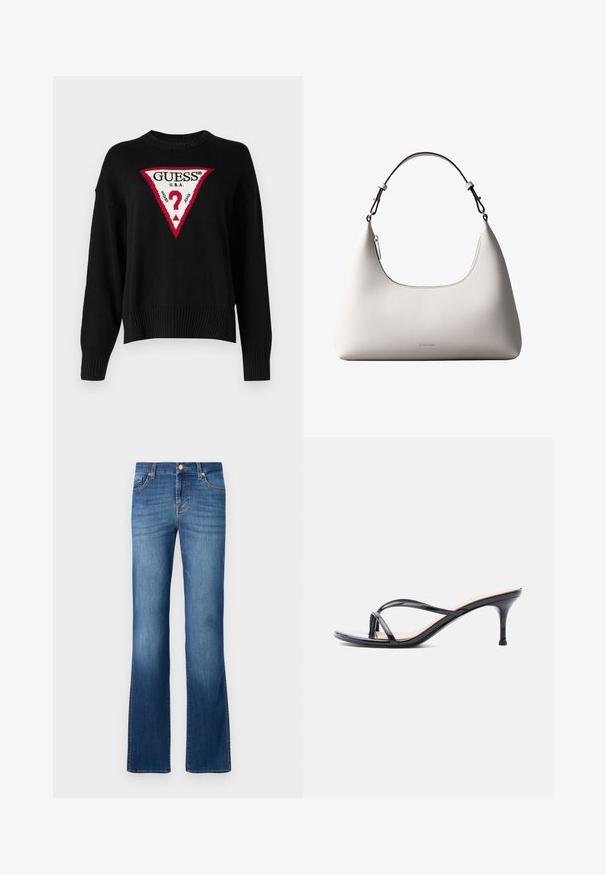 Guess Jeans BIG TRIANGLE - Neule - jet black; Siniset farkut levenevällä lahkeella klassisella viiden taskun designilla, jossa on kulunut pesu, kultaiset ompeleet ja nappikiinnitys vyötäröllä.; Musta kiiltävä nahkainen korkokenkä, jossa ohuet ristikkäiset hihnat ja kapea, keskipitkä piikkikorko valkoisella taustalla.; Kermanvärinen Calvin Kleinin nahkainen olkalaukku kaarevalla yläreunalla, hopeanvärisellä vetoketjulla ja tummanruskealla säädettävällä hihnalla.