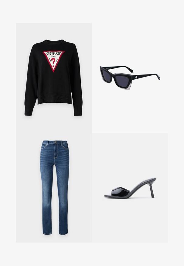 Guess Jeans BIG TRIANGLE - Pullover - jet black; Jeans en denim bleu foncé avec une coupe droite, style cinq poches et un léger délavage à l'avant pour plus de texture.; Sandales à talons ouverts en cuir verni noir, avec un design supérieur incurvé et un talon aiguille effilé. Finition lisse et brillante.; Lunettes de soleil noires surdimensionnées avec une forme géométrique, dotées de verres foncés et d'un détail gris contrastant sur la monture. Logo sur la branche.